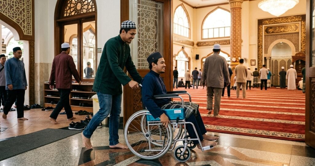 Kerusi Roda Dari Luar Masuk Ruang Solat Masjid, Perlu Cuci Roda Dulu Ke? Ini Hukum & Panduan Untuk Jemaah OKU