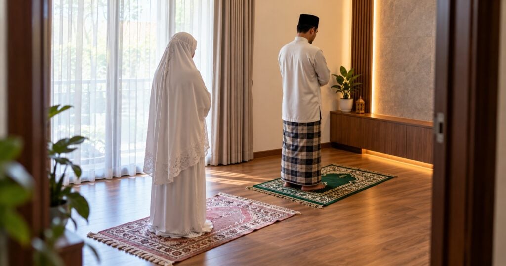 Isteri Solat Berjemaah Berdua Dengan Suami, Perlu Berdiri Di Kiri, Kanan Atau Belakang Suami? Ini Posisi Sebenar